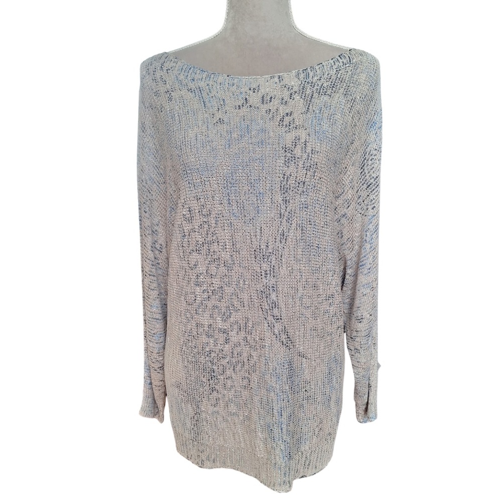 Sioni Slouchy Boatneck Knit Sweater Sz L Beige Blue Shimmer Pullover